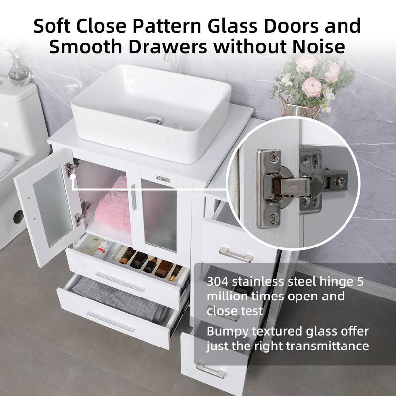 36" White Bathroom Vanity Sink Set with Side Cabinet Vessel Sink Faucet Combo
