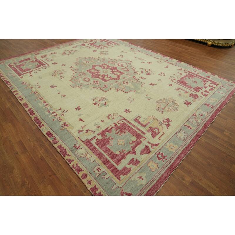 Handmade Wool Oushak Turkish Area Rug, Medallion Geometric Carpet - 11' 9'' X 9' 2''