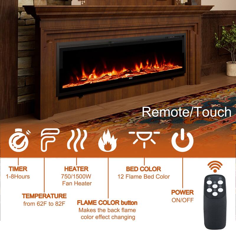 1500W Wall-Mounted &Recessed Electric Fireplace Heater with Remote Control