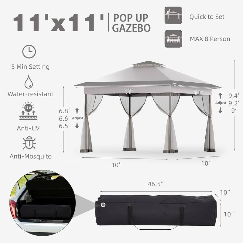Bezseller 11' x 11' Pop -up Gazebo Tent with Mosquito Netting, Outoor Canopy Tent for Patio Garden Backyard Party