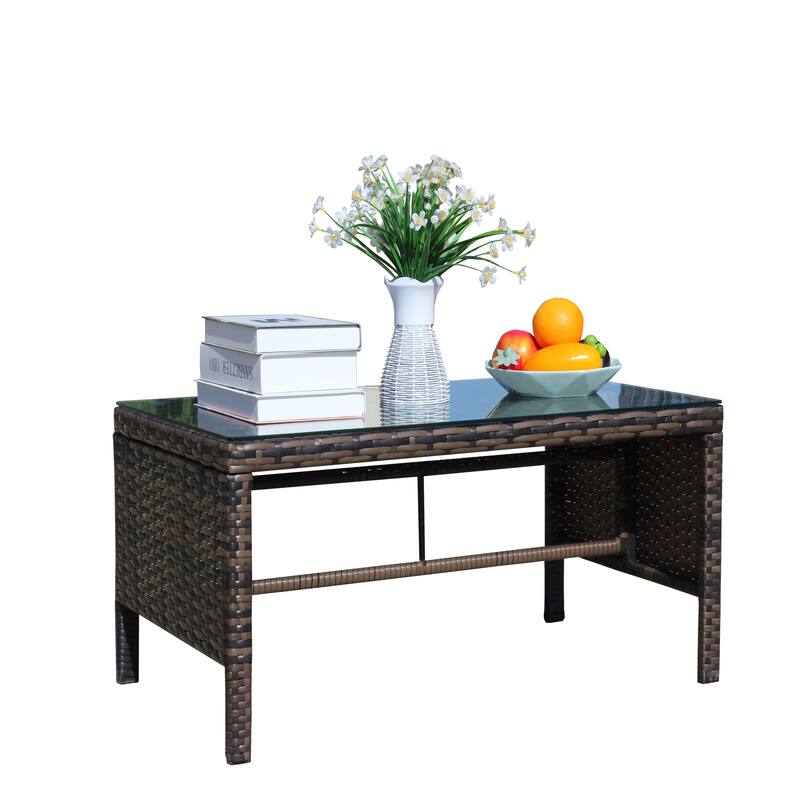 Anmytek Brown Wicker Patio Coffee Table with Tempered Glass Top, Rustic Modern Outdoor Furniture for Garden, Porch & Backyard