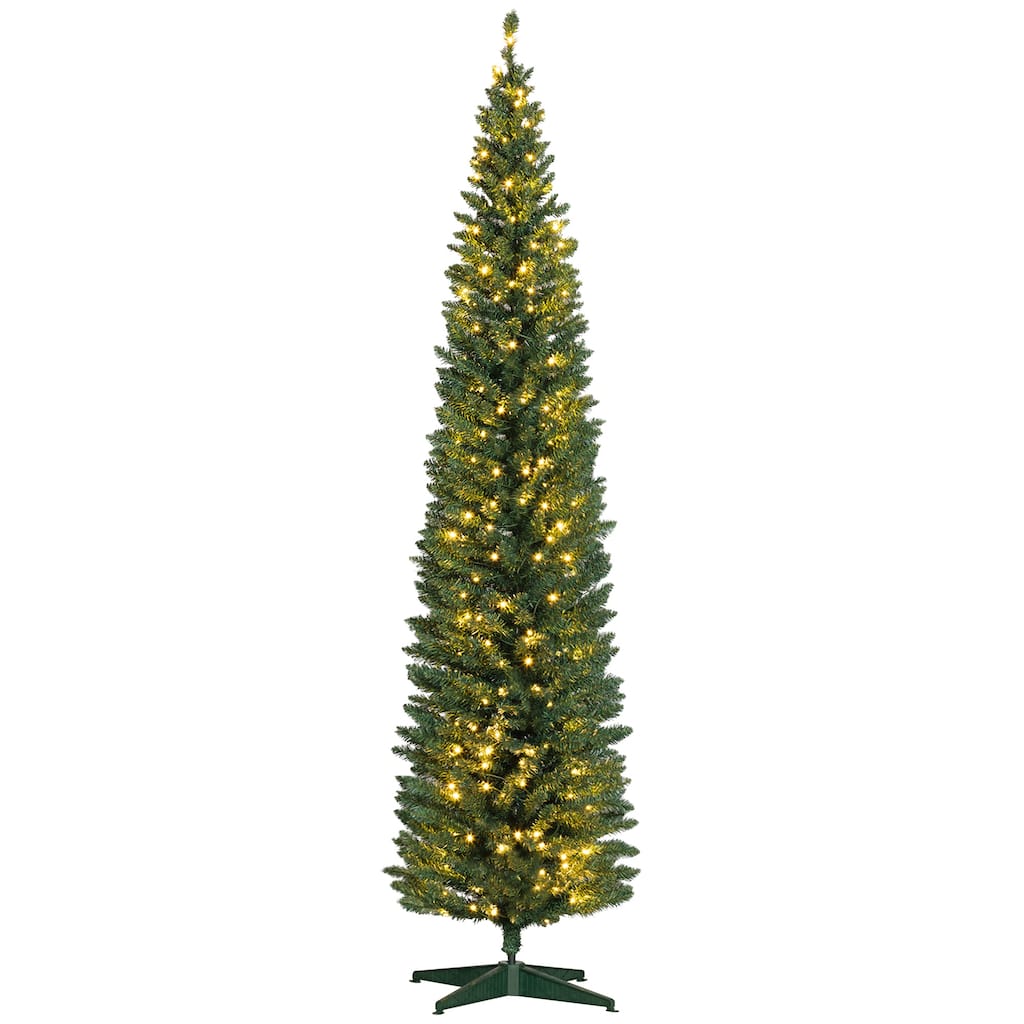 8' Tall Pre-Lit Slim Noble Fir Artificial Christmas Tree with 300 Warm White LED Lights and 618 Tips, for Christmas Decoration