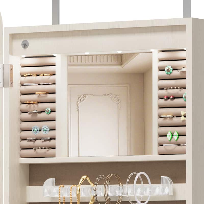 Jewelry Armoire Organizer with Full Length Mirror, Door or Wall Mounted,Lockable Storage Cabinet, Interior Mirror, White