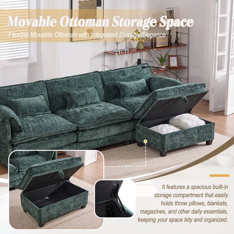 HOMEFUN Chenille Upholstered L-shaped Phone Holder Modular Sectional Sleeper Sofa with Movable Storage Ottoman