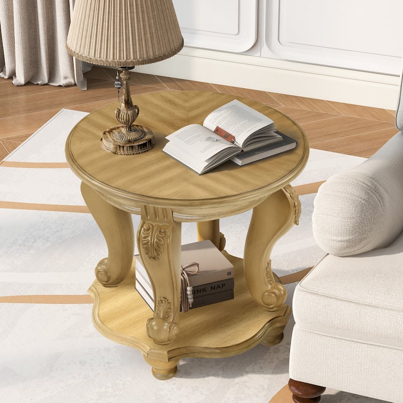22 Inch Round End Table with Shelf - Antique Natural