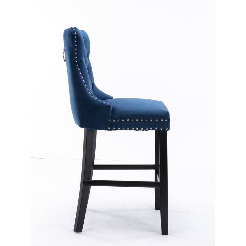 27.2 Inch Bar Stools Set of 2, Blue Velvet Upholstered Barstools Set with Chrome Nailhead Trim, Solid Wood Legs, Tufted Wingback