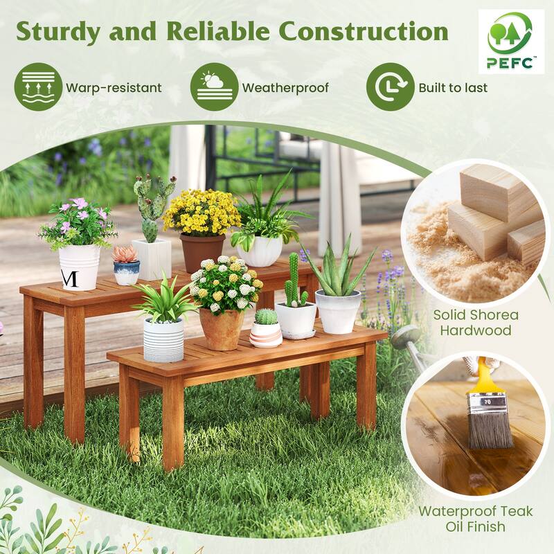 Gymax Wooden Plant Stand Set of 2 w/ Teak Oil Finish Slatted Top