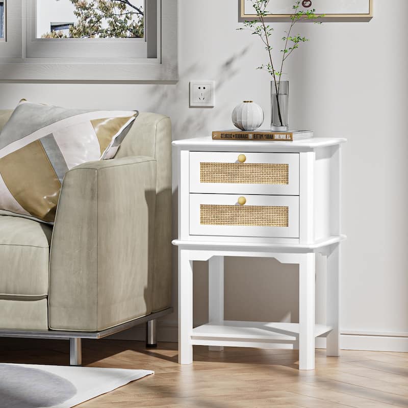 Modern 27.95"H Tall 2-Drawer White Nightstand Wood Rattan Side End Table for Bedroom with Storage Shelf