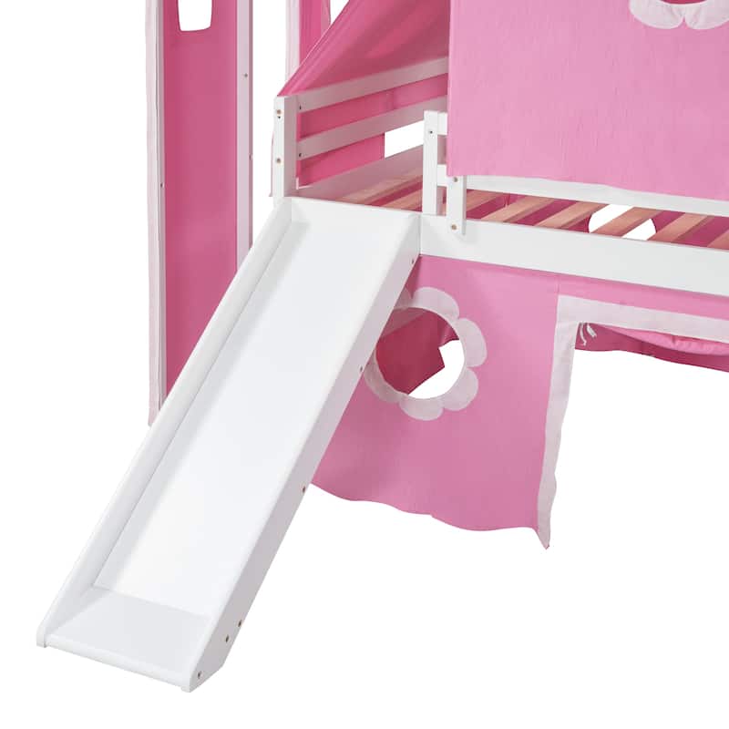 Full Size Cute Solid Wood House Loft Bed with Slide, Tent, and Tower for Bedroom