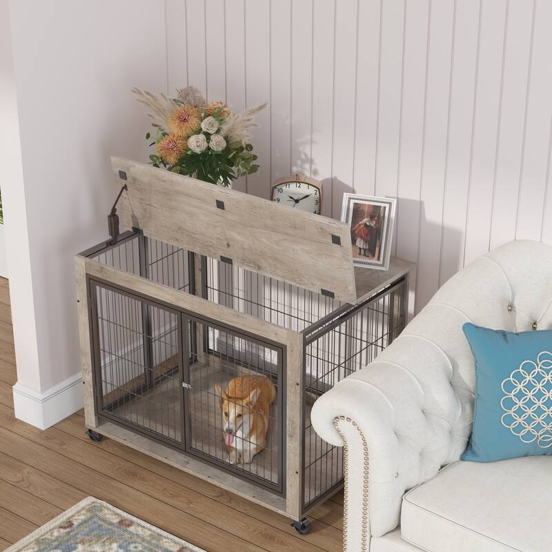 Dog Crate Side Table on Wheels with Double Doors and Lift Top.Grey,38.58''w x 25.5''d x 27.36''h
