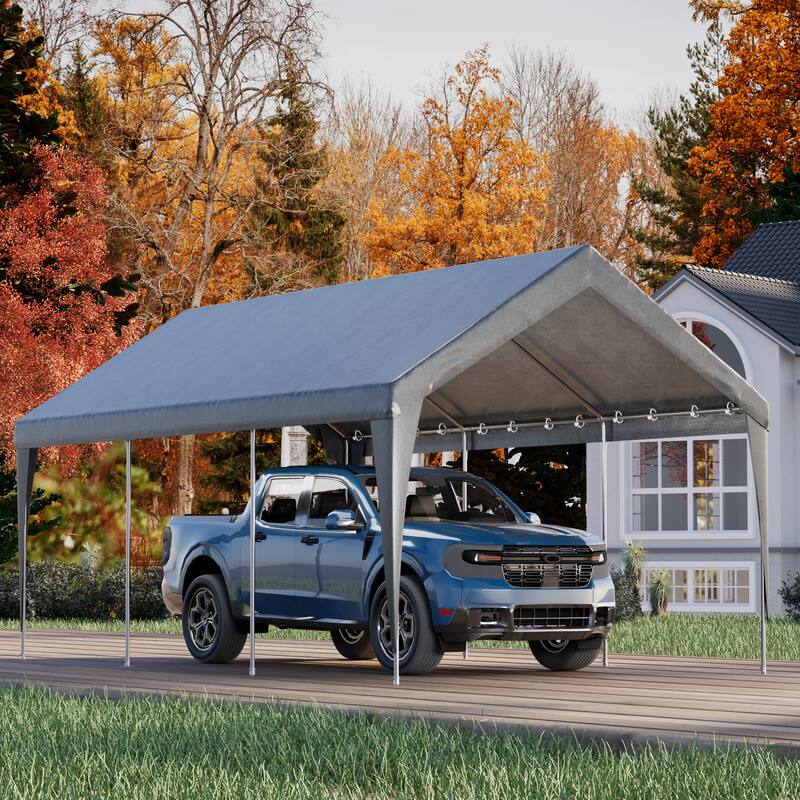 Heavy Duty Carport, All-Weather Waterproof Shelter with Steel Frame for Cars, Boats & Equipment - 10'x20' - Grey