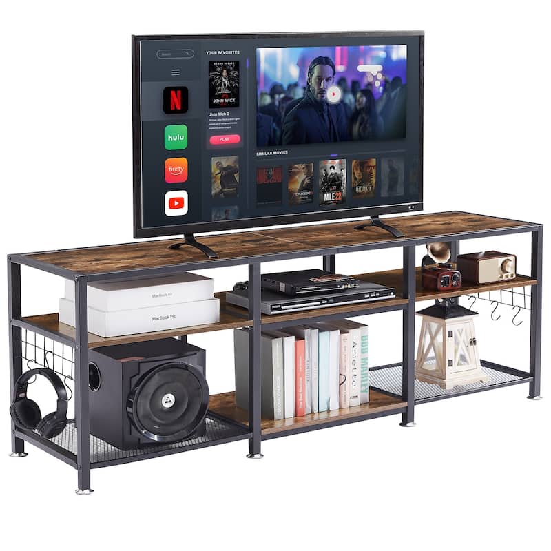 VECELO End Table, 55 Inch up to 71 Inches TV Stand with Storage Shelves, 3-Tier Television Cabinet