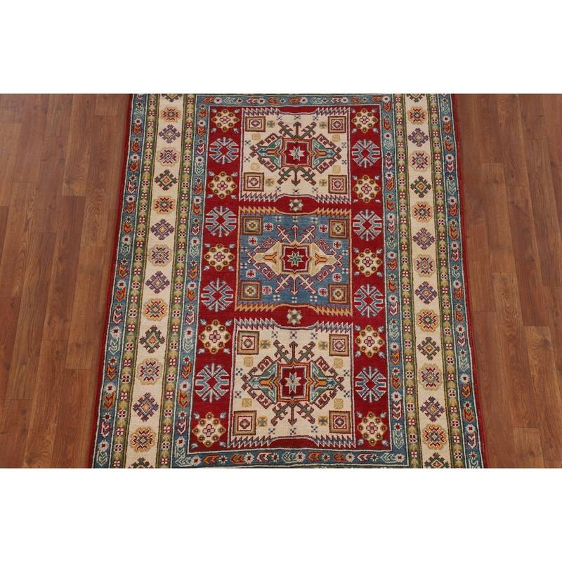 Geometric Red Kazak Area Rug Handmade Oriental Wool Carpet - 4'0" x 6'3"
