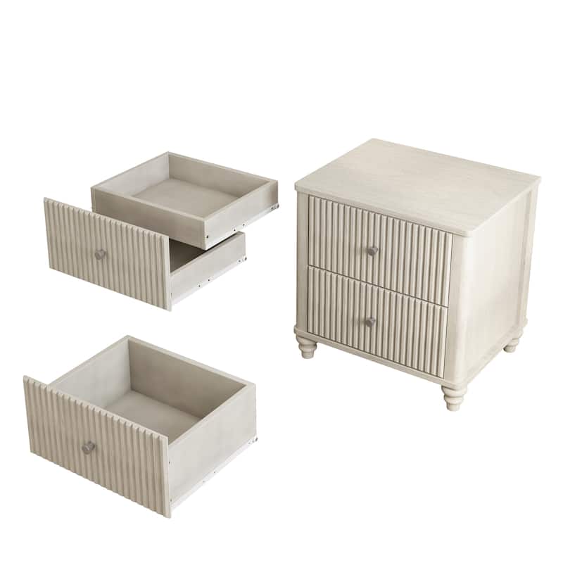 Fluted Nightstand 2-Piece Set, 21.65"W Side Table with 3 Drawers, Wood NightStand with Metal Handle, Wooden Bedside End Table