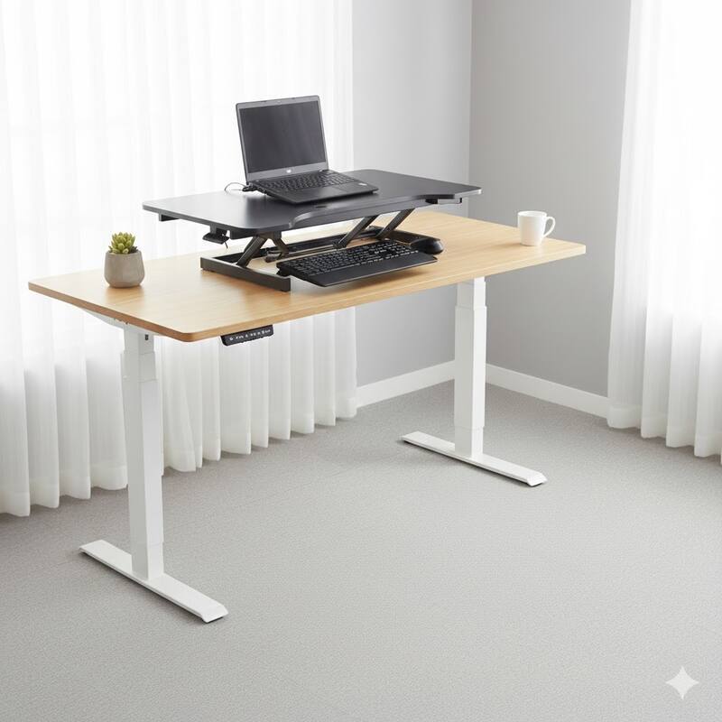 Rocelco 43 in. W Black Height Adjustable Standing Desk Converter with Anti Fatigue Floor Mat, Tablet Slot and Deep Keyboard Tray
