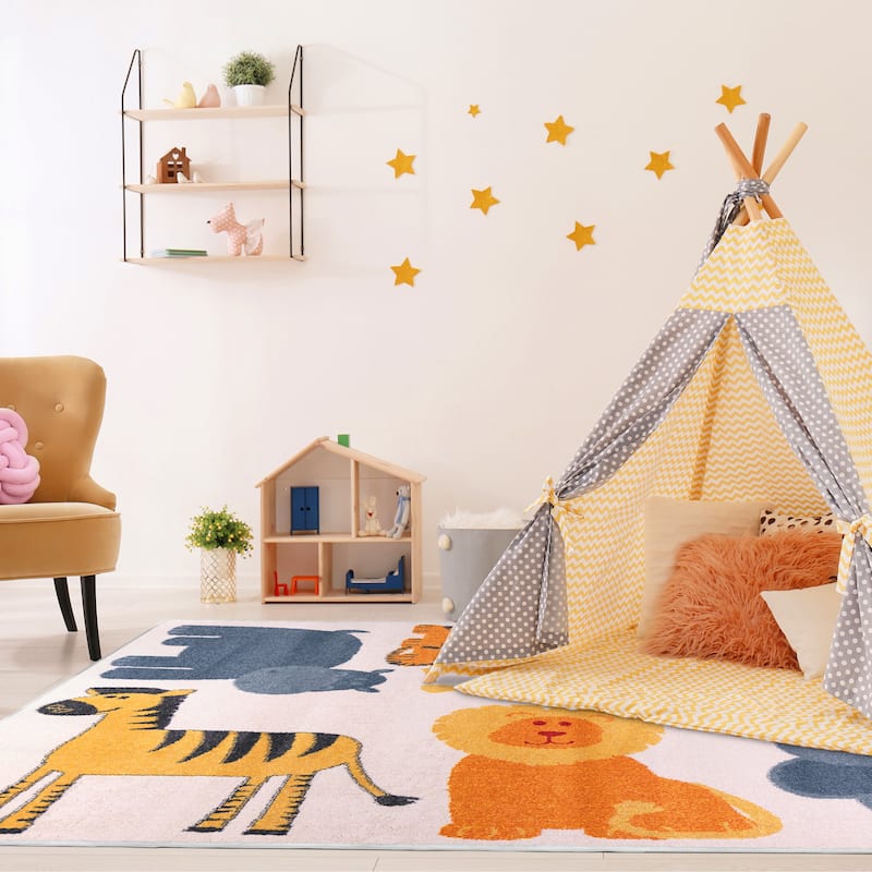 Orian Rugs Playroom Safari White Stain Resistant Kids Area Rug