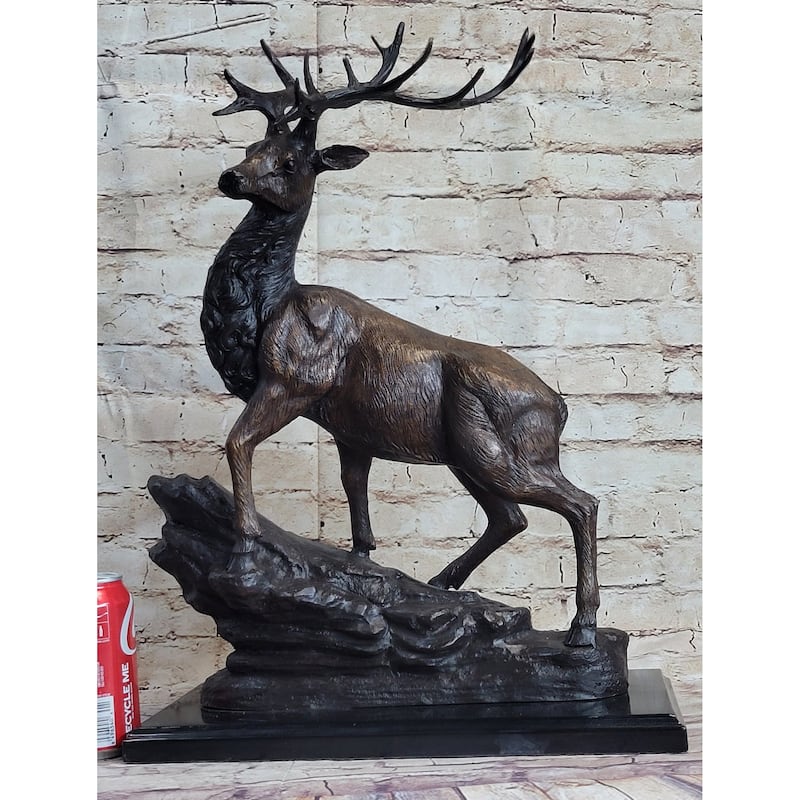 Elk Reindeer Caribou Stag Buck Wildlife Bronze Statue Sculpture On Marble Base