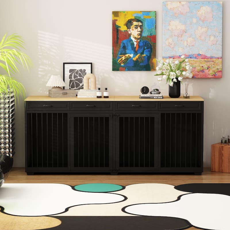 93" Wooden Large Dog Crate Furniture with 2 Rooms,3 Drawers & Dividers - Black