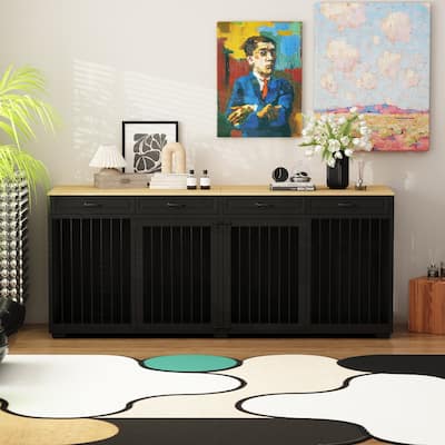 93" Wooden Large Dog Crate Furniture with 2 Rooms,3 Drawers & Dividers