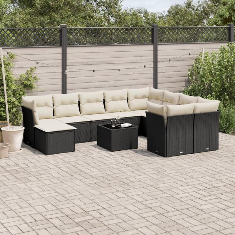 vidaXL Patio Sofa Set with Cushions Outdoor Furniture 11 Piece Poly Rattan - 21.7 x 21.7 x 14.6 - Black and cream