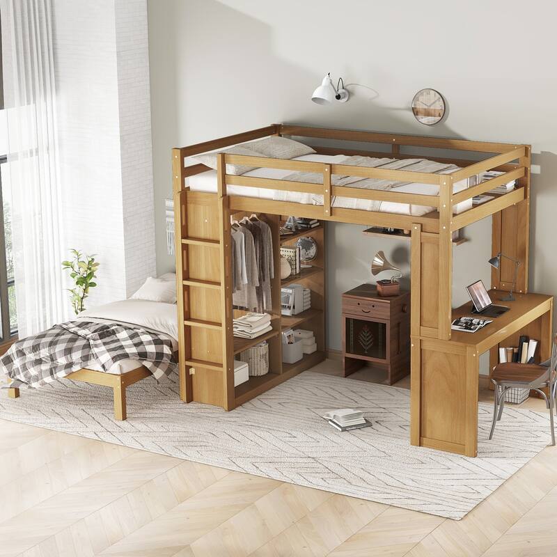 Full Over Twin Bunk Bed with Built-in Desk, Shelves and Wardrobe, Wood Bunk Bed Frame with Platform Bed and Loft Bed - Natural - Full