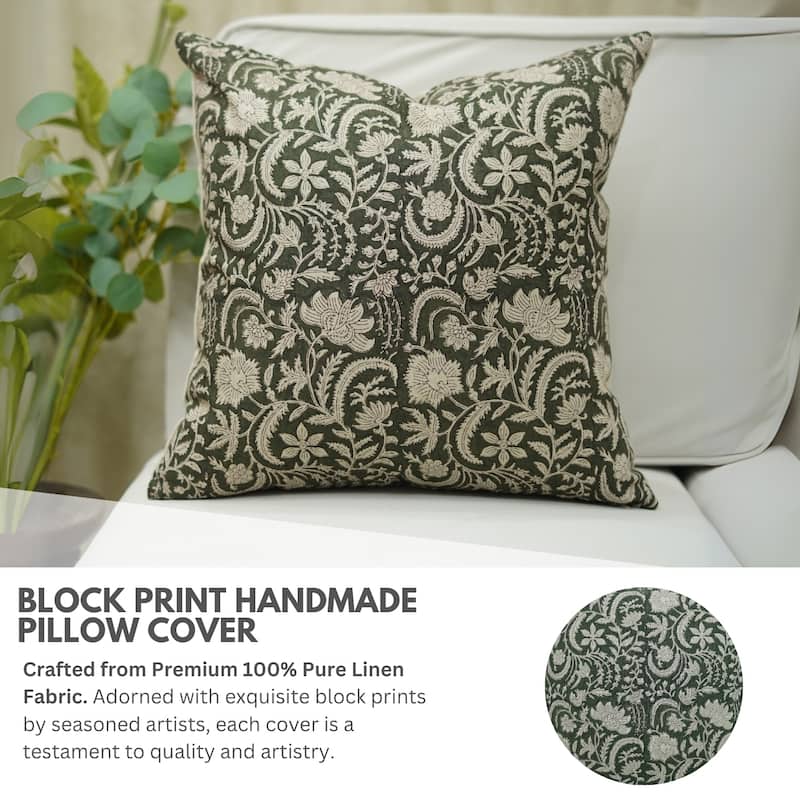 Fabdivine 12x20 Handmade Pure Linen Cushion Cover Floral Mustard Ideal for Sofa, Floral Block Print, Accent Décor, Bagru Buti