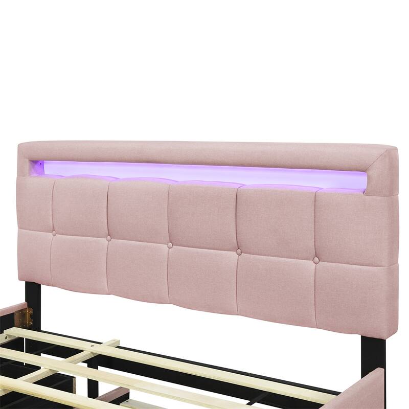Queen Size Upholstered Platform Bed w/ LED Frame, Twin XL Size Trundle