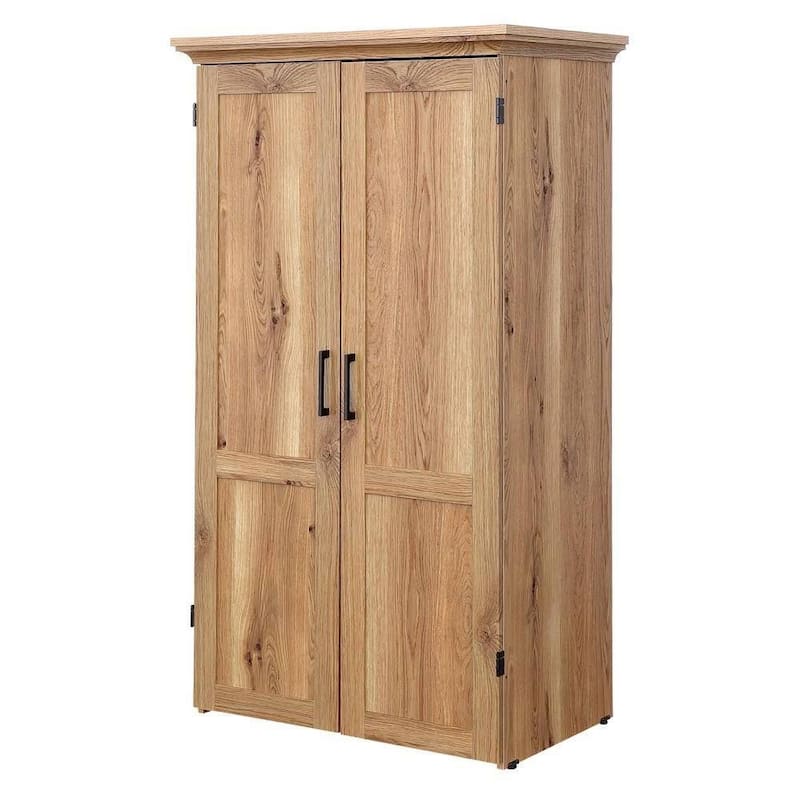 Space-Saving Craft Armoire with Drop Leaf Desk and Adjustable Storage Shelves Power Strip - Oak Wood