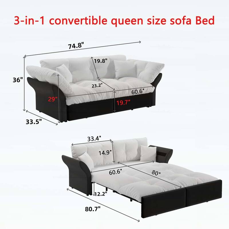 3-in-1 Convertible Tufted Loveseat with 2 Soft Pillows,Multi-Functional Sleeper