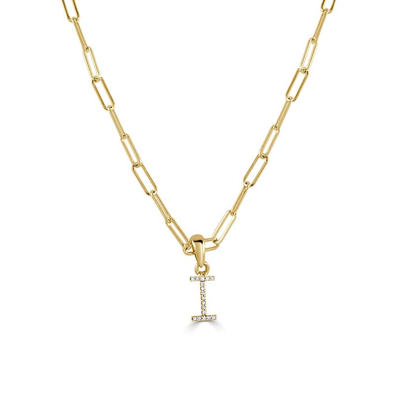 Joelle Collection Diamond Initial Letter Necklace Paperclip 14K Gold 16-inch Chain 1/10 TDW Necklace - I - Yellow