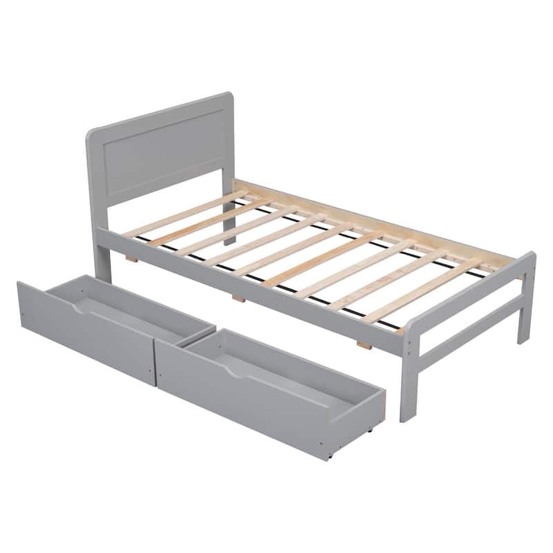 Rubberwood Storage Bed Frame Twin Size Platform Bed with 2 Drawers, Headboard and Solid Wood Slats, No Box Spring Needed