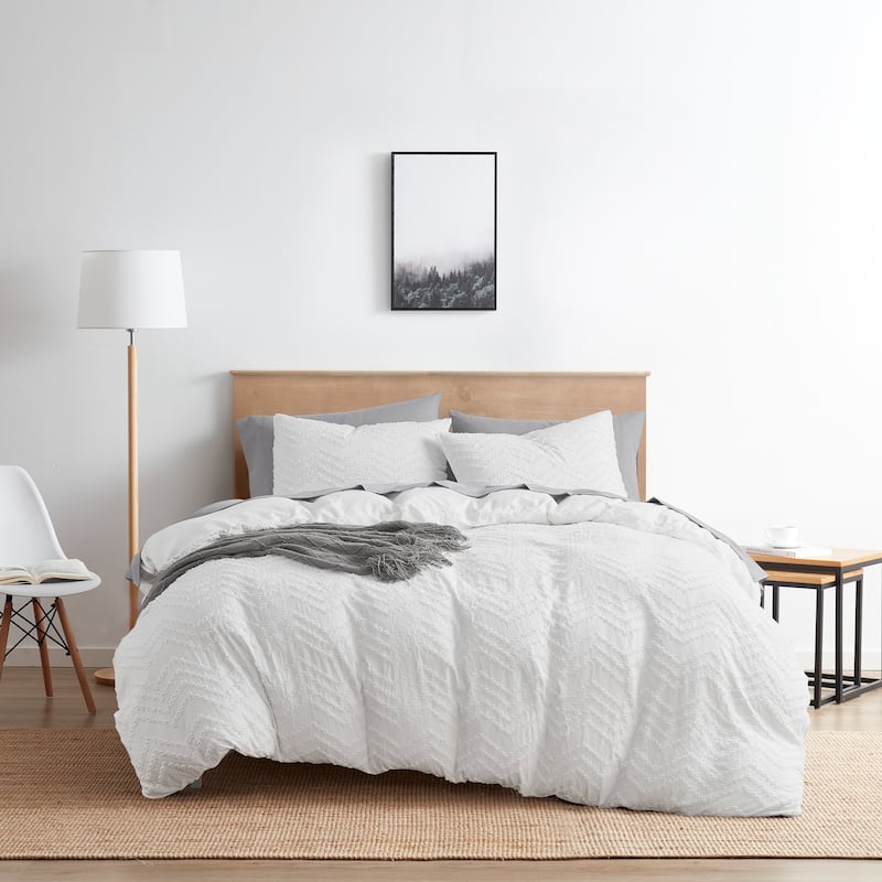 Nestl Boho Tufted Embroidery Double Brushed Duvet Cover with Button Closure - White - Chevron Design - King