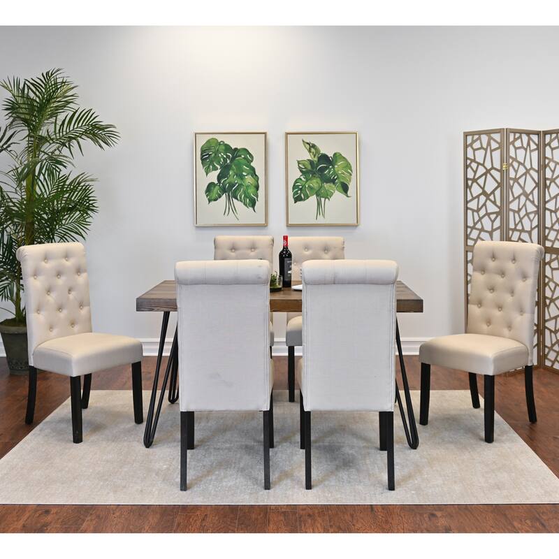 7 Piece Dining Table Set for 6, Kitchen Metal Table Cushion Chairs Set with 6 High Back Button-Tufted Chairs, for Apartment - Brown+White