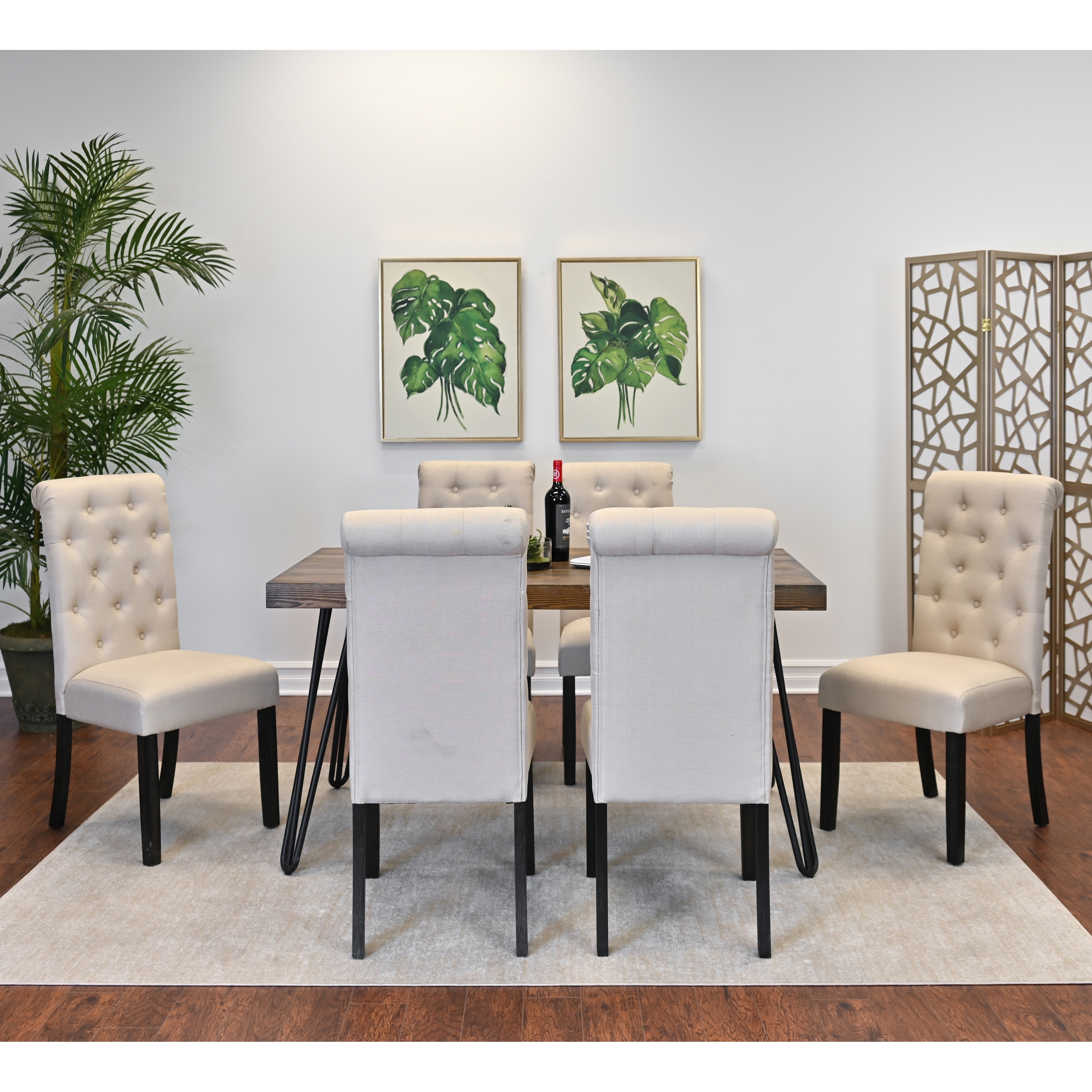 Modern 7-Piece Dining Set with Rectangular Hairpin Table & 6 Upholstered Chairs