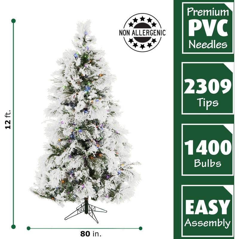 Fraser Hill Farm 12-Foot Flocked Snowy Pine Christmas Tree with Multicolor LED String Lighting