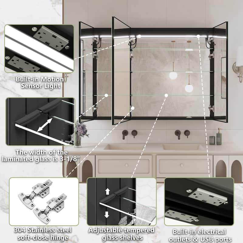 Rectangular Aluminum Recessed/Surface Mount Frameless Anti-Fog Medicine Cabinet with Dimmable LED Lights
