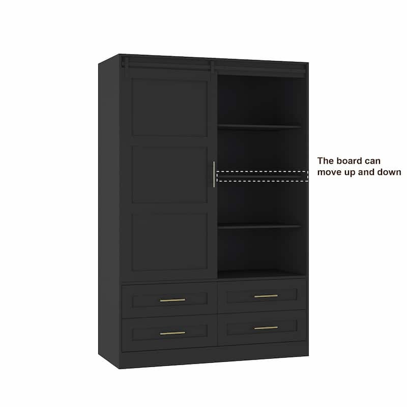 Tall Bedroom Armoire Wardrobe Closet with Hanging Rod, Barn Door, Drawers, and Open Shelves