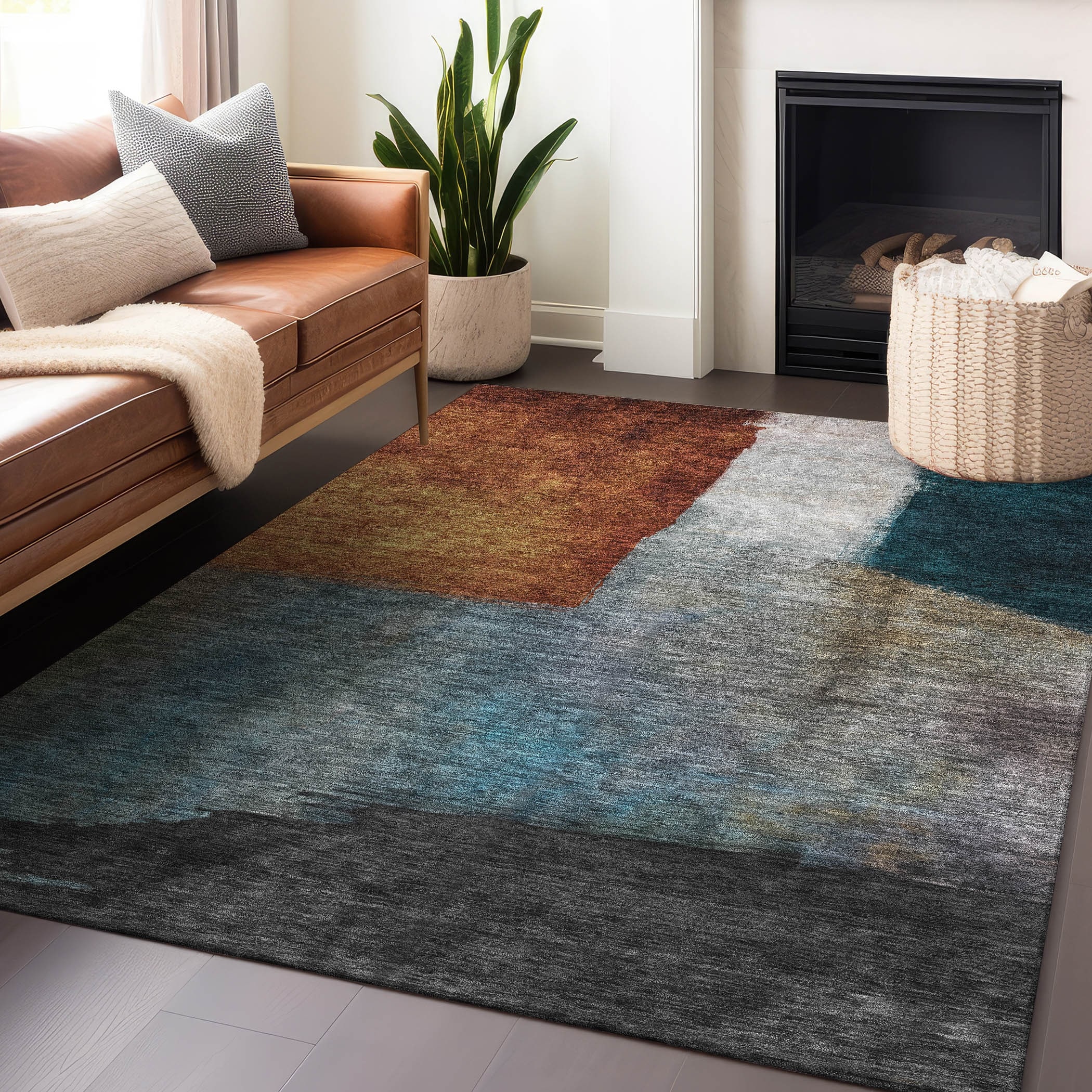 Machine Washable Indoor/ Outdoor Abstract Contemporary Chantille Rug