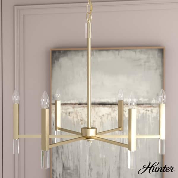 slide 2 of 15, Hunter Sunjai Candle Chandelier - Entry, Kitchen Island, Dining Room, Living Room - Geometric, Glam, Contemporary 6-Light round - Alturas Gold