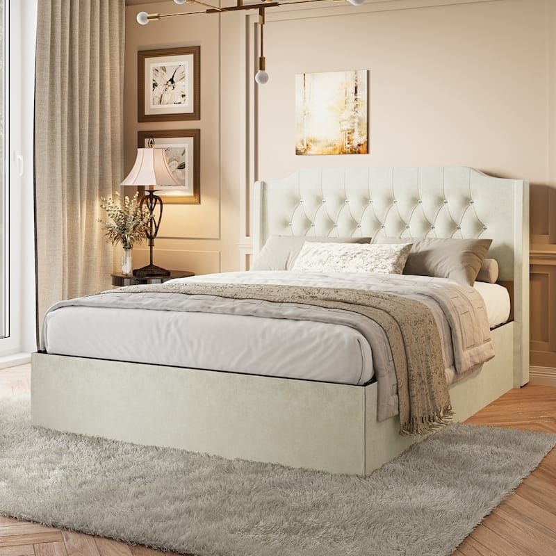 Tufted Upholstered Bed Frame with Crystal Button Accents - Beige - Queen