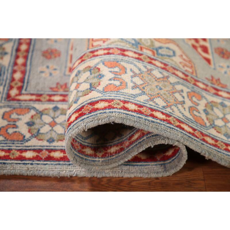 Geometric Kazak Oriental Accent Rug Hand-Knotted Blue Wool Carpet - 3'5"x 4'10"