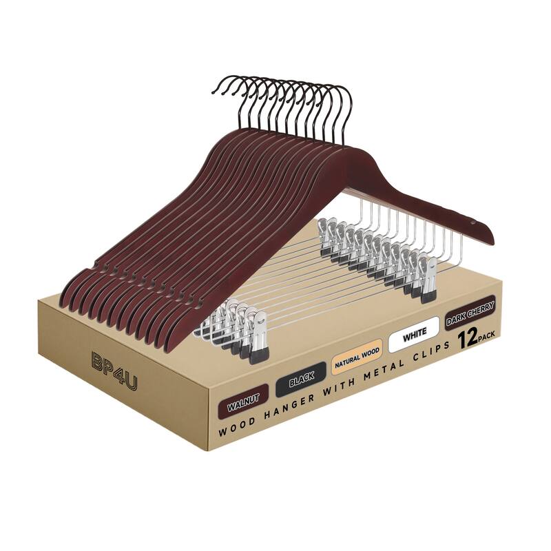 BP4U Solid Wood Hangers with Adjustable Metal Clips, Wooden Hangers for Coats, Jackets, Pants, Dresses, Skirts, and Suits - 12-Pack - Dark Cherry