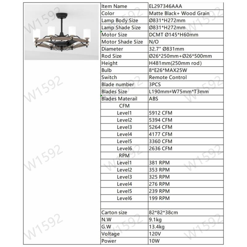 33 inch Chandelier Ceiling Fan for Bedroom Dining Room Living Room Kitchen Farmhouse Entry,Matte Black+ Wood Grain