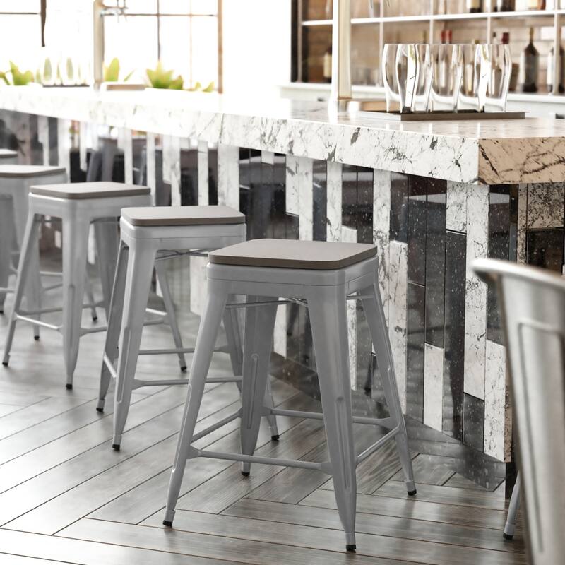 Indoor/Outdoor Backless Counter Stool with Poly Resin Seat - Silver/Grey