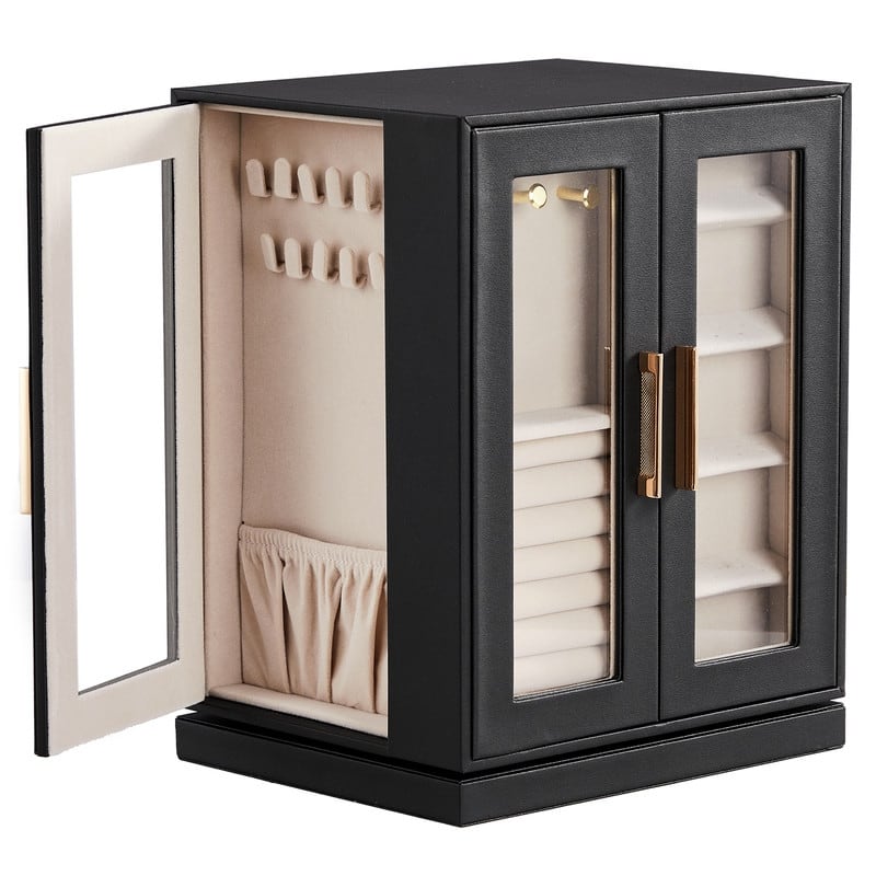 FCH 4 Sides with Storage 5 Drawers Rotatable Black Cabinet Pink Velvet Jewelry Case