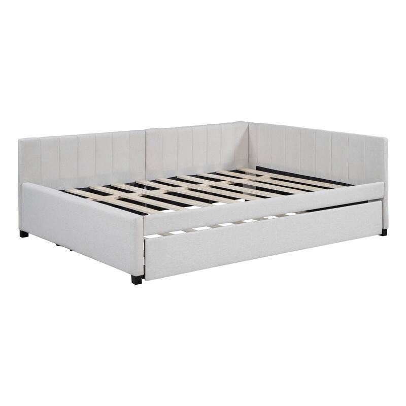 Full Size Upholstered Daybed with Trundle Sofa Bed Frame No Box Spring Needed, Linen Fabric