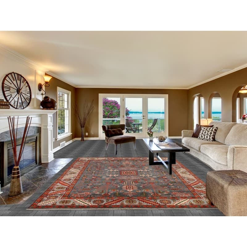 Hand Knotted Oriental 100% Wool Carpet Traditional Geometric Navy Blue & Blues Heriz (serapi) Area Rug - 10' 0'' X 7' 10''