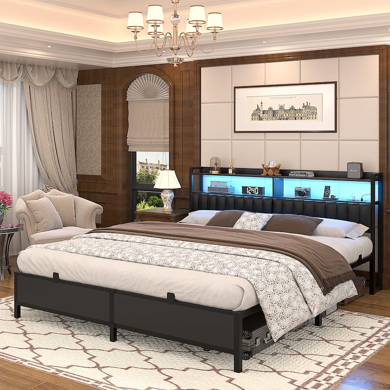Platform Bed Frame with Upholstered Storage Headboard, Full/ Queen/ King Beds with Charge Station and LED Lights