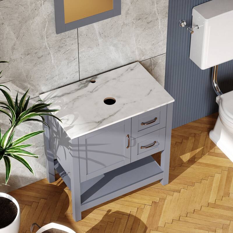 30 Inch MDF Freestanding Bathroom Vanity Set in Gray with Wood Top and Ceramic Sink and Faucet