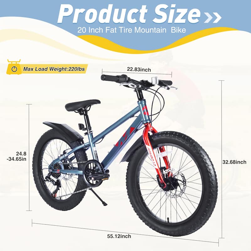 20 Inch Kids Bicycles Fat Tire Mountain Bike, Kids Beach & Snow Bicycle with Dual-Disc Brake & Shimano 7-Speed for Boys & Girls